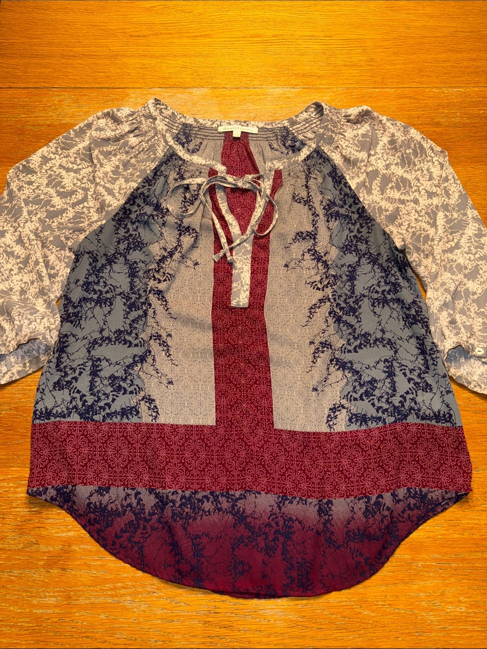 Daniel Rainn Burgundy and Navy Lace-Up Mixed-Print Blouse